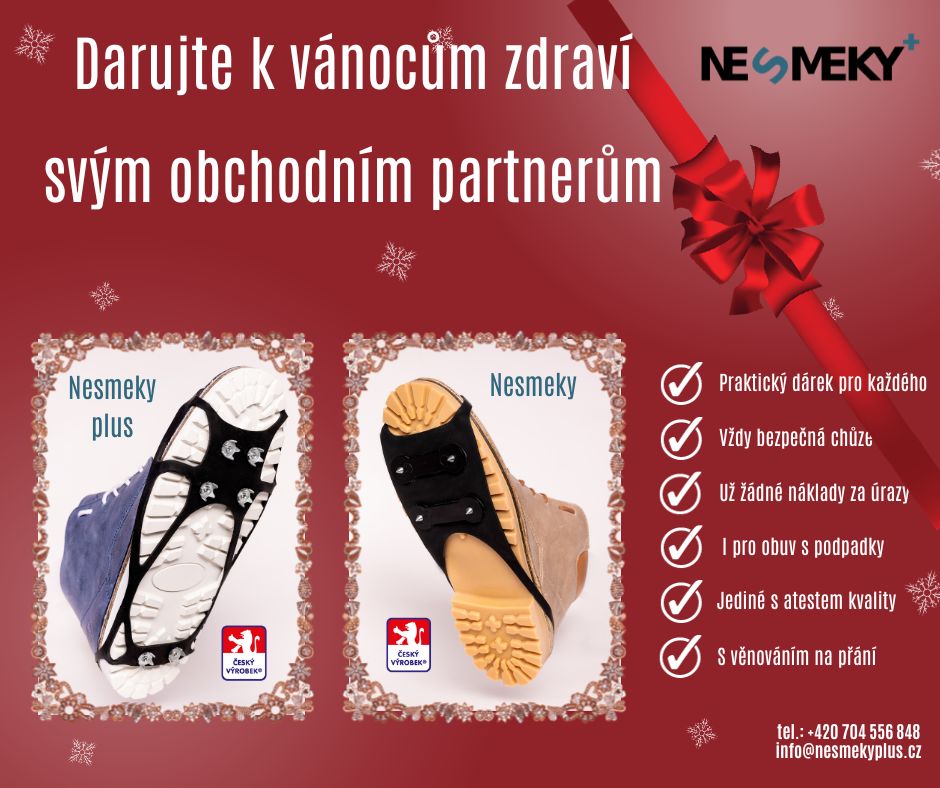 Už víte čím na Vánoce obdarujete Vaše obchodní partnery?  Máme skvělý typ na dárek, který udělá radost skutečně každému. PROTISKLUZOVÉ NÁVLEKY NA OBUV NESMEKY PLUS / NESMEKY s i praktickým ochranným obalem. Na ten můžeme nechat na přání natisknout krátký
